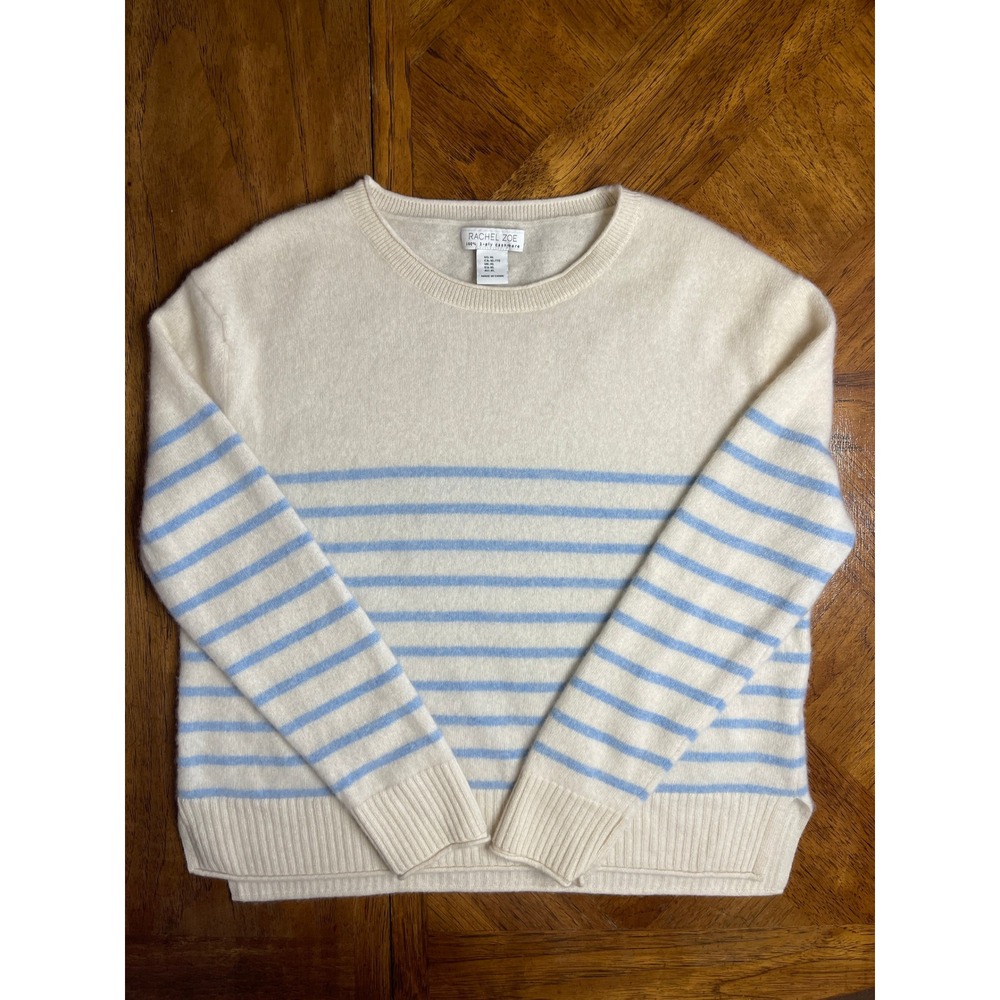 Rachel Zoe Sweater Cream Blue Striped 100% 2-Ply Cashmere Crewneck XL